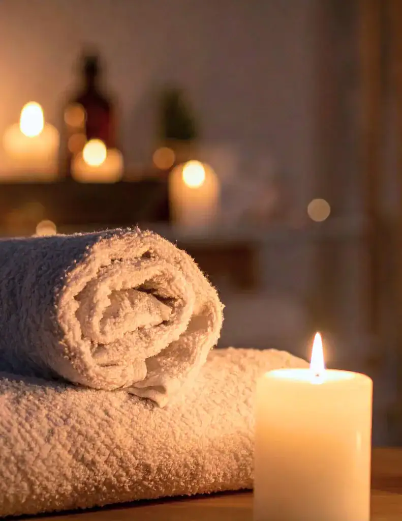 Rolled towels and a lit candle sit on a table, creating a peaceful Medical Spa Nassau County ambiance.