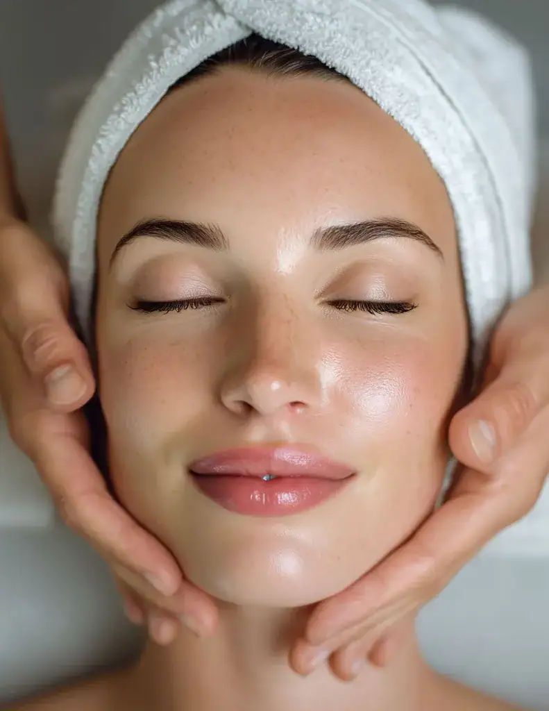 A woman with a towel on her head receives a relaxing facial massage at Medical Spa Nassau County, NY.