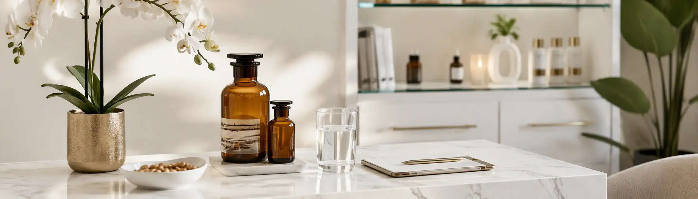 A marble desk features amber glass bottles, a notepad, water glass, orchid, and background shelves.