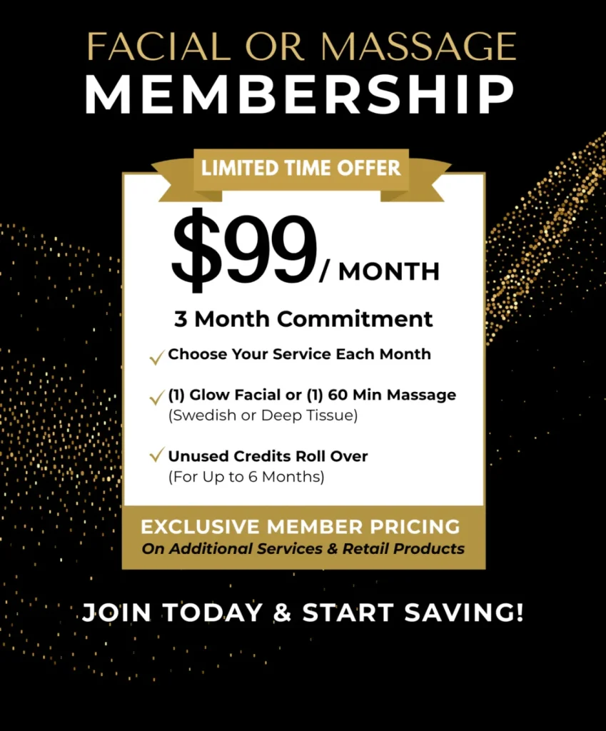 A relaxing spa room promotes a facial or massage membership offer: $99/month, 3-month commitment.