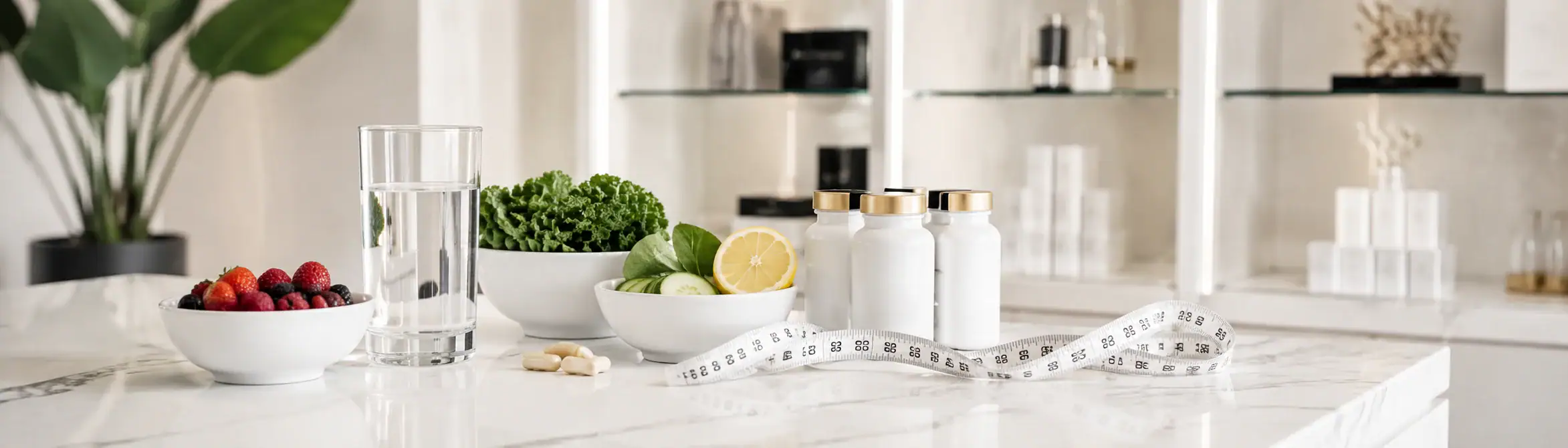 A marble counter displays fruit, vegetables, supplement bottles, pills, a glass of water, and a measuring tape.