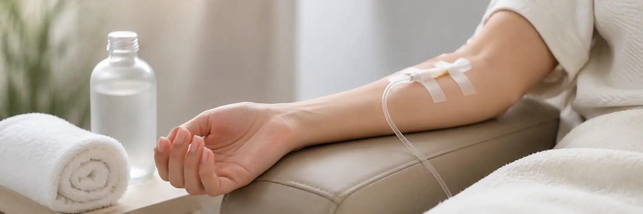 A person's arm with an IV drip rests on a chair, beside a rolled towel and bottle of water for hydration.