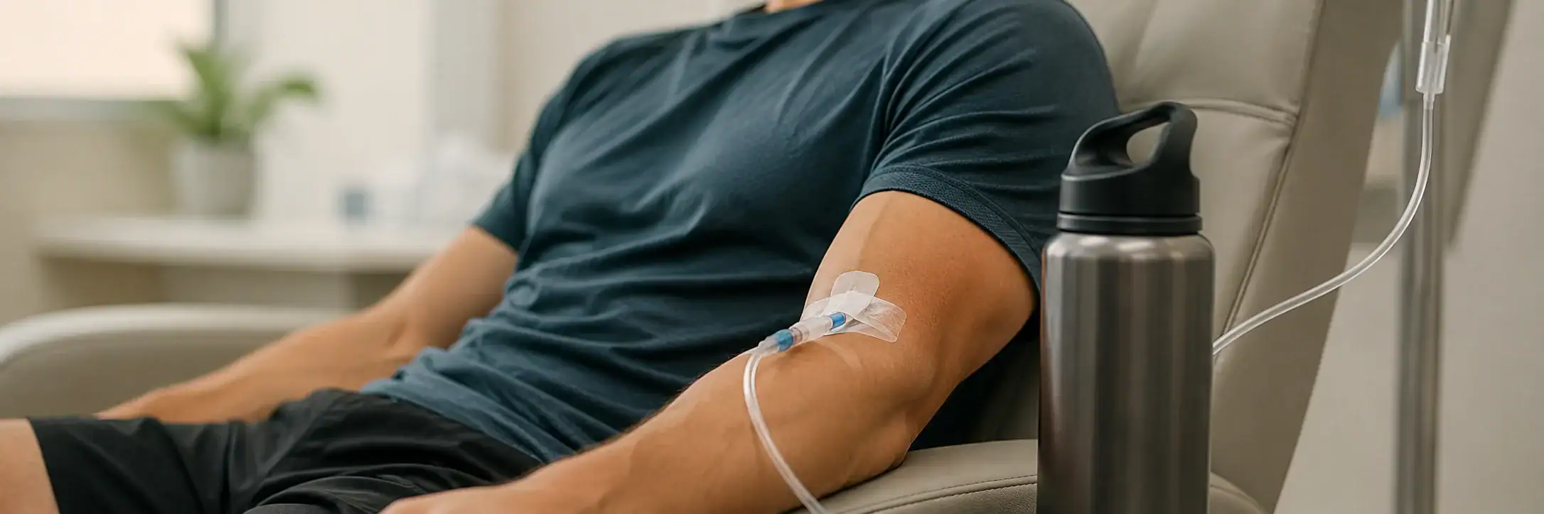 A person sits in a chair receiving IV therapy in their arm, with a water bottle next to them for hydration.