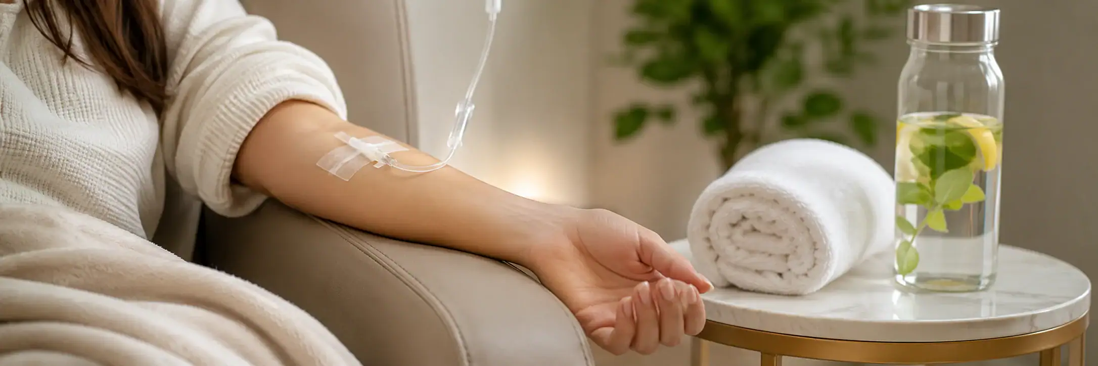 Person receiving IV therapy relaxes in a cozy room, with a towel and infused water visible on the table.