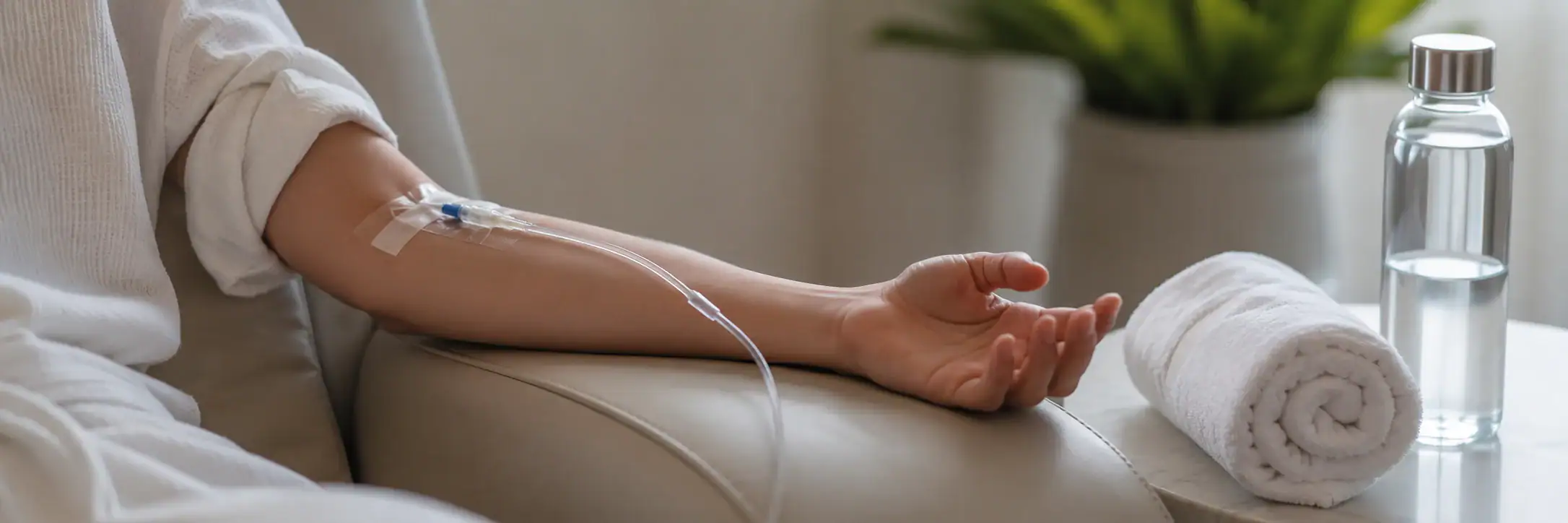 A person's arm with an IV drip rests on a chair next to a rolled towel and a bottle of water for hydration.