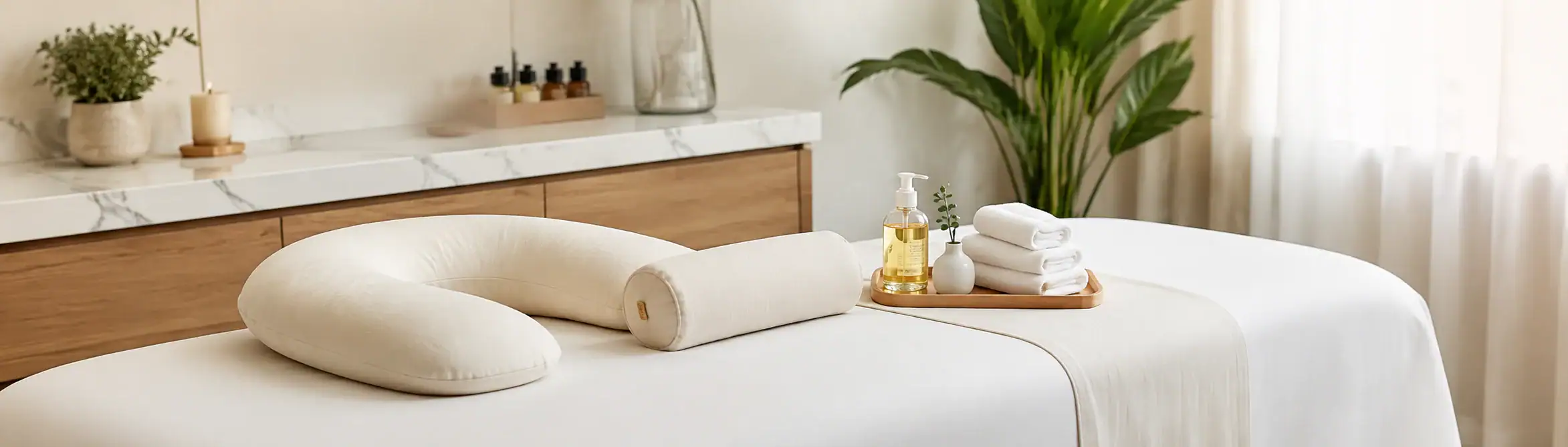 A massage table with plush pillows, oils, and towels sits in a serene room filled with plants and sunlight.