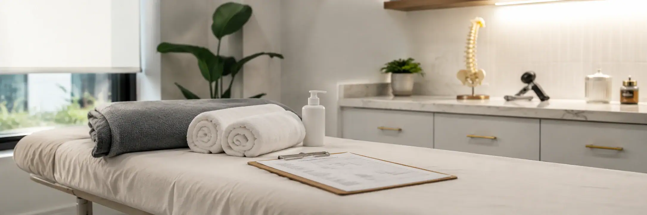 A massage table with neatly folded towels, lotion, and clipboard in a modern wellness clinic setting.