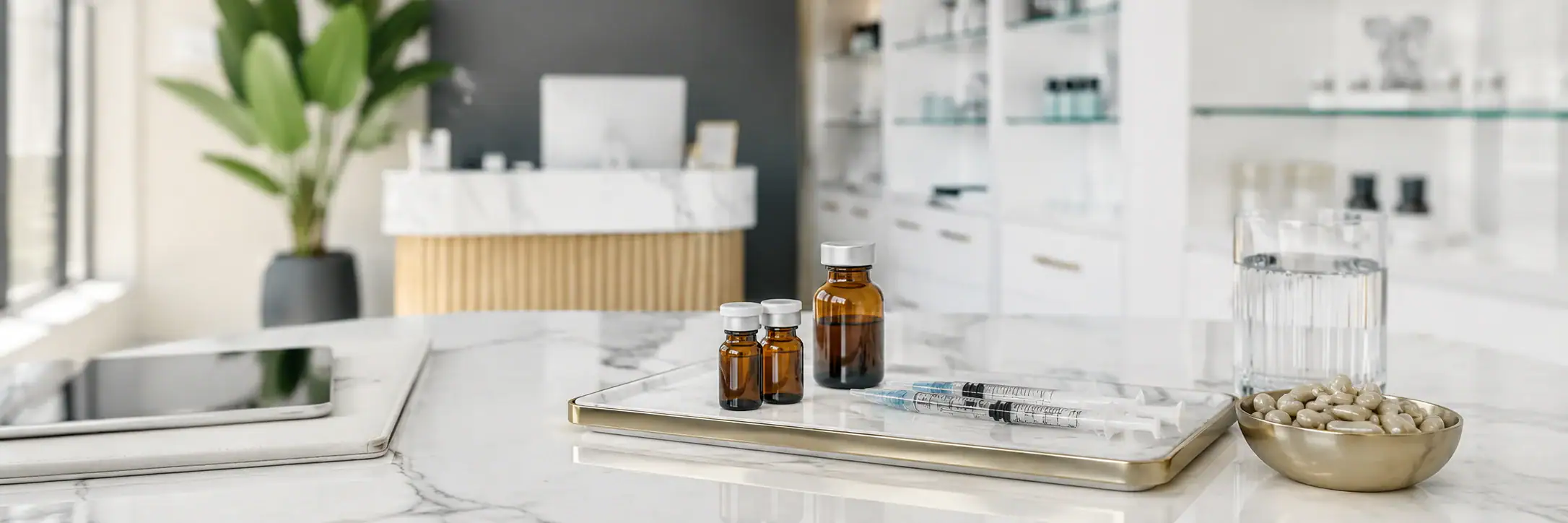 A marble countertop in a modern clinic holds medicine bottles, syringes, capsules, and a glass of water.