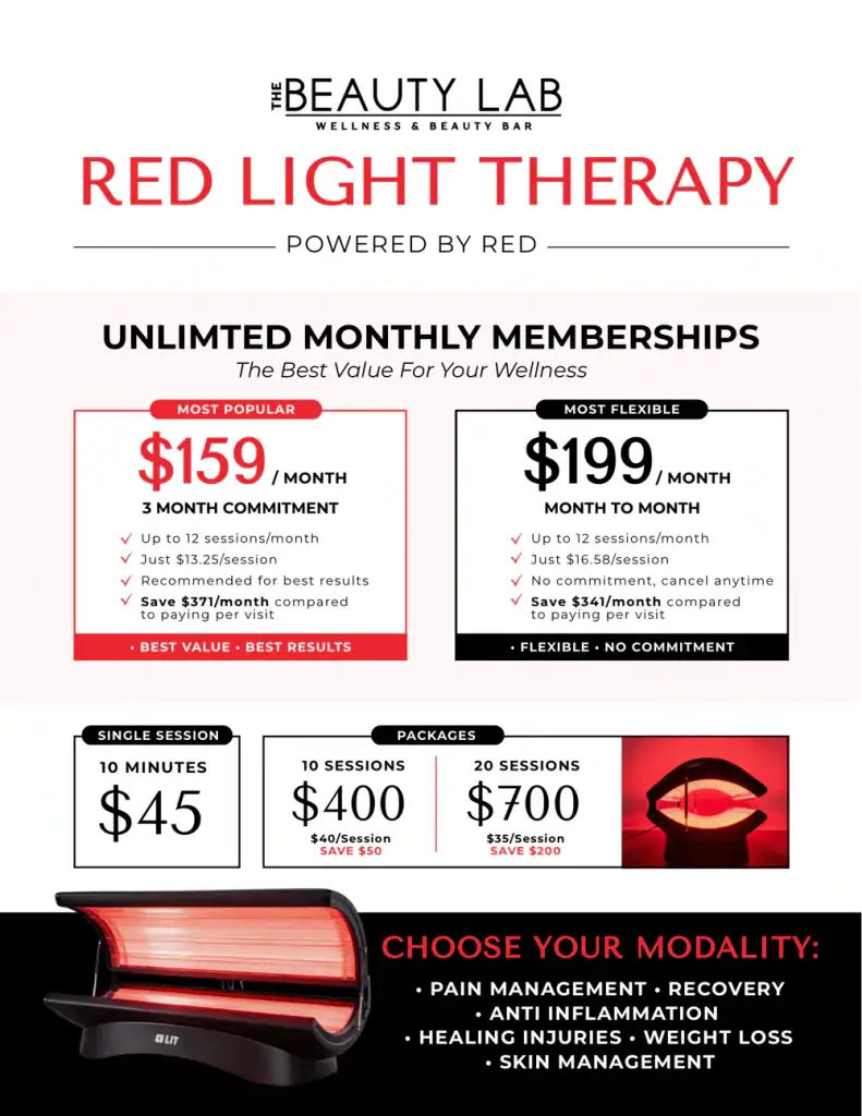 Red Light Therapy pricing chart details membership, single session, package options, and therapy benefits.
