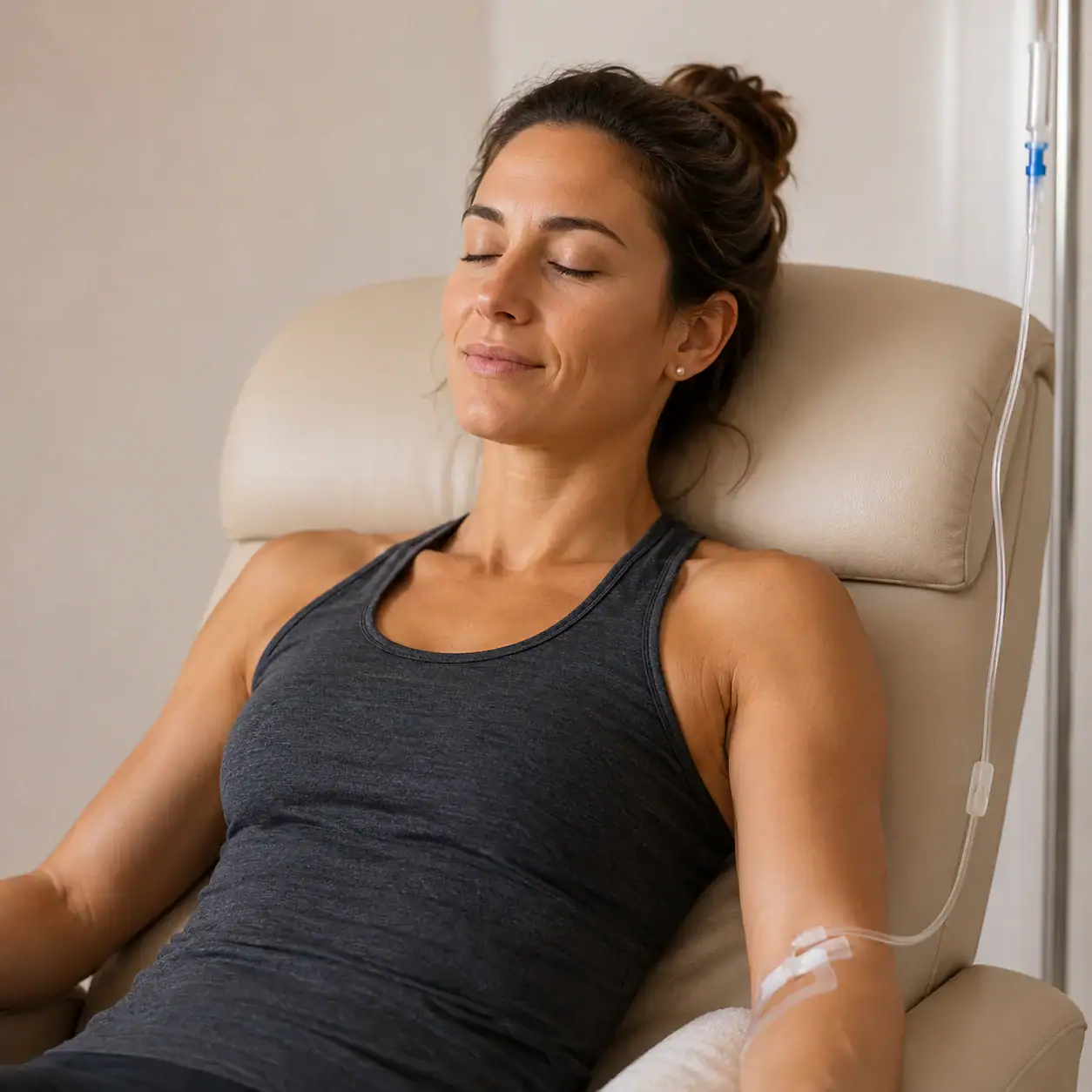 Woman in a recliner chair with closed eyes relaxes while receiving an IV infusion for wellness therapy.