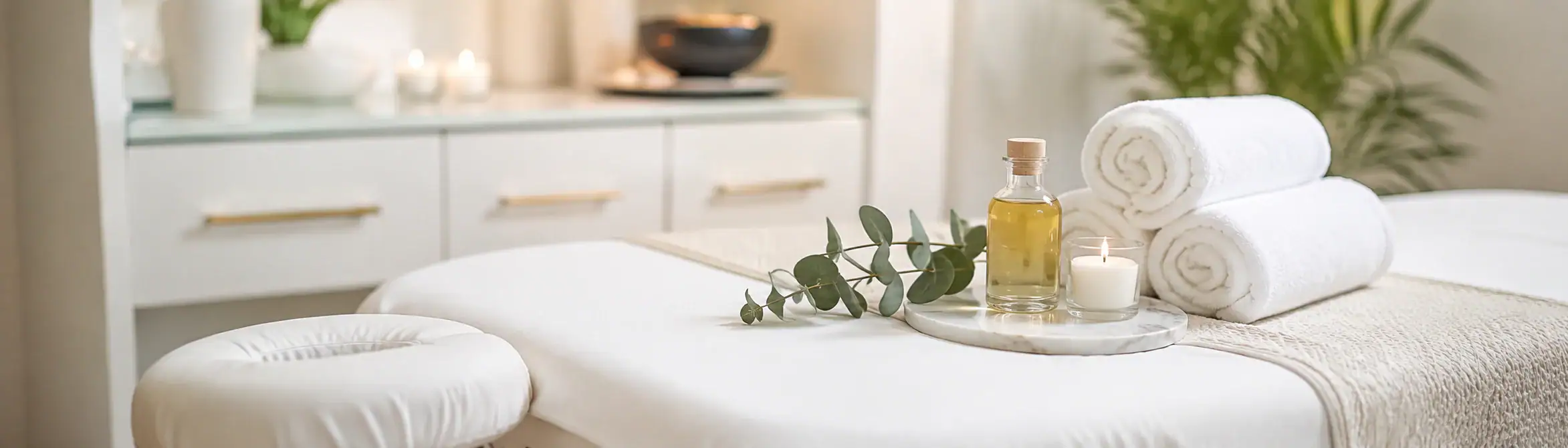 A serene spa table features rolled towels, massage oil, a candle, and greenery in a softly lit room.