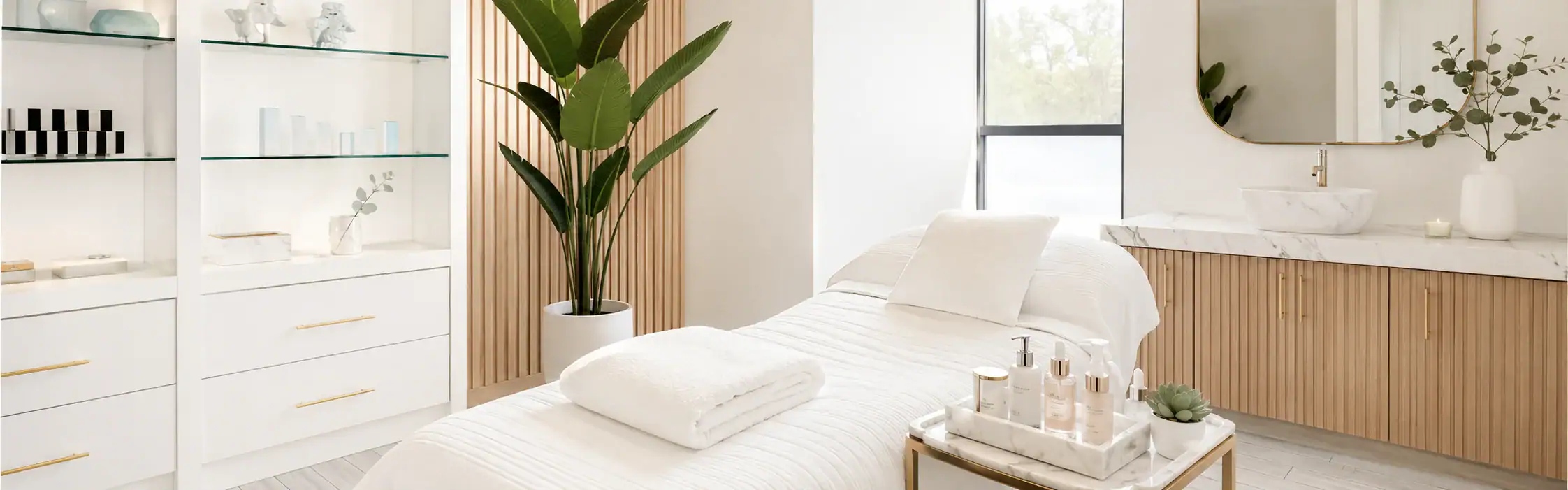 A modern spa treatment room features a massage bed, towels, skincare products, and minimalist decor.