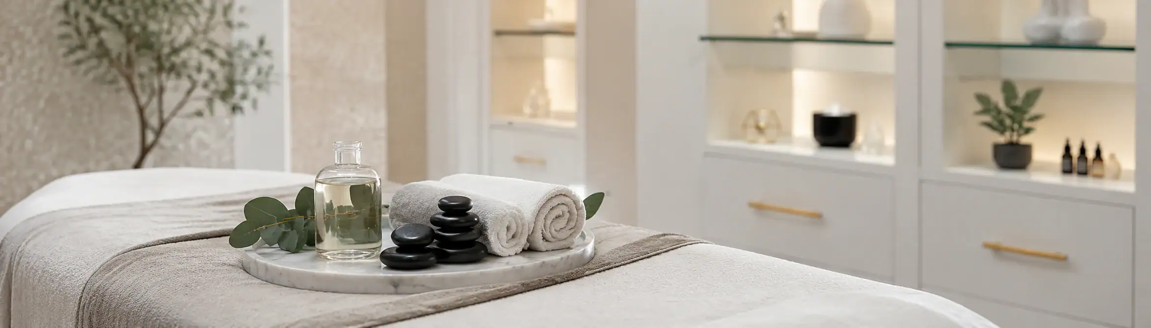 A serene spa setting features a tray with oil, towels, stones, and leaves on a massage table.