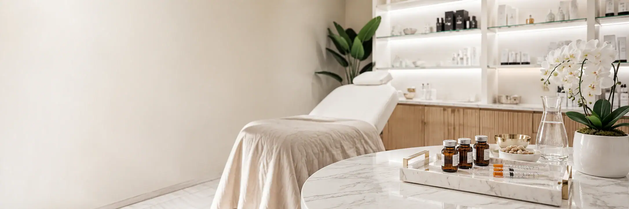 A modern spa room features a treatment bed, organized shelves of products, and a marble skincare table.