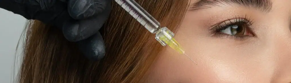 A gloved hand prepares a cosmetic injection with a syringe near a woman’s cheek for skin treatment.