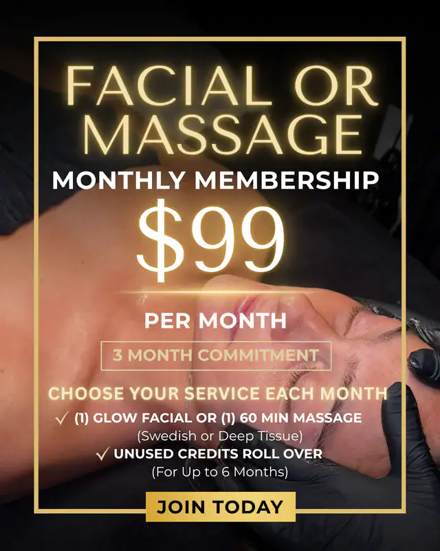 A person enjoys a facial treatment, alongside text highlighting a $99 monthly facial or massage membership.