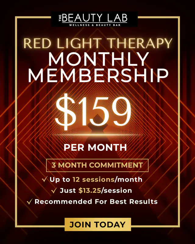 Red light therapy membership poster: $159/mo, 3-month commitment, up to 12 sessions, join today.